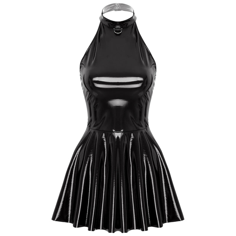 Womens Latex Swing Skirt Disco Dress Glossy Patent Leather Clubwear Halter Sleeveless Skater Mini Dress Rave Party Clubwear