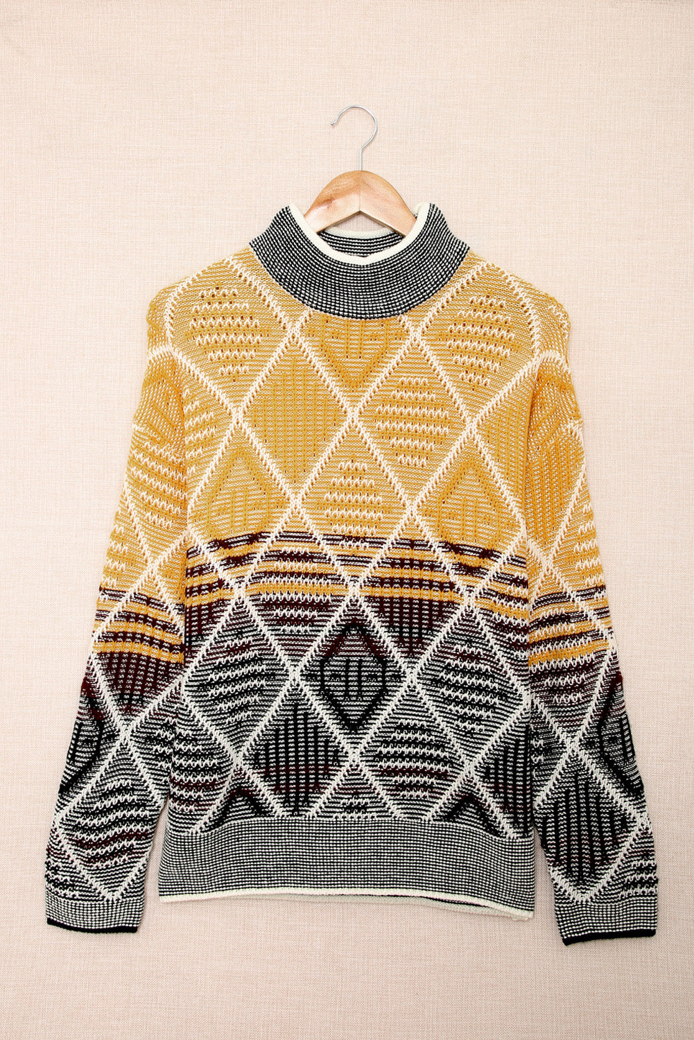 High Neck Geometric Colorblock Sweater