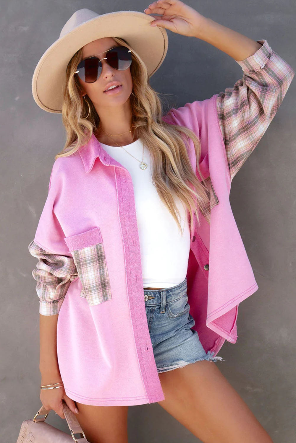 Black Plaid Patchwork Chest Pockets Oversized Shirt Jacket