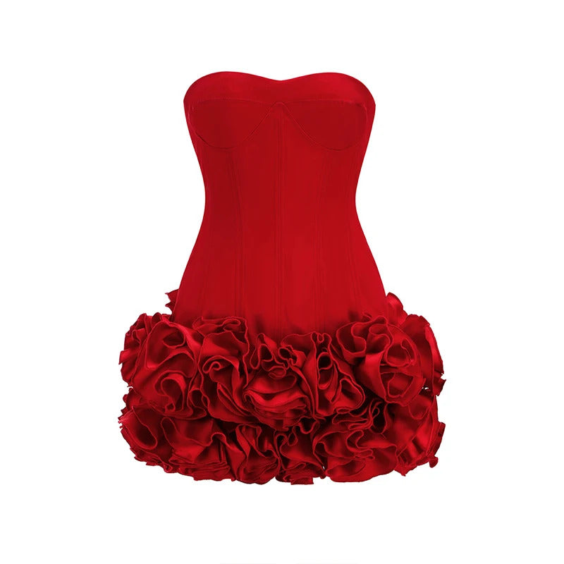 VC Christmas Dress Strapless Backless Red Structured Floral Embellished Mini Length Bodycon Celebrity Party Cocktail Dress