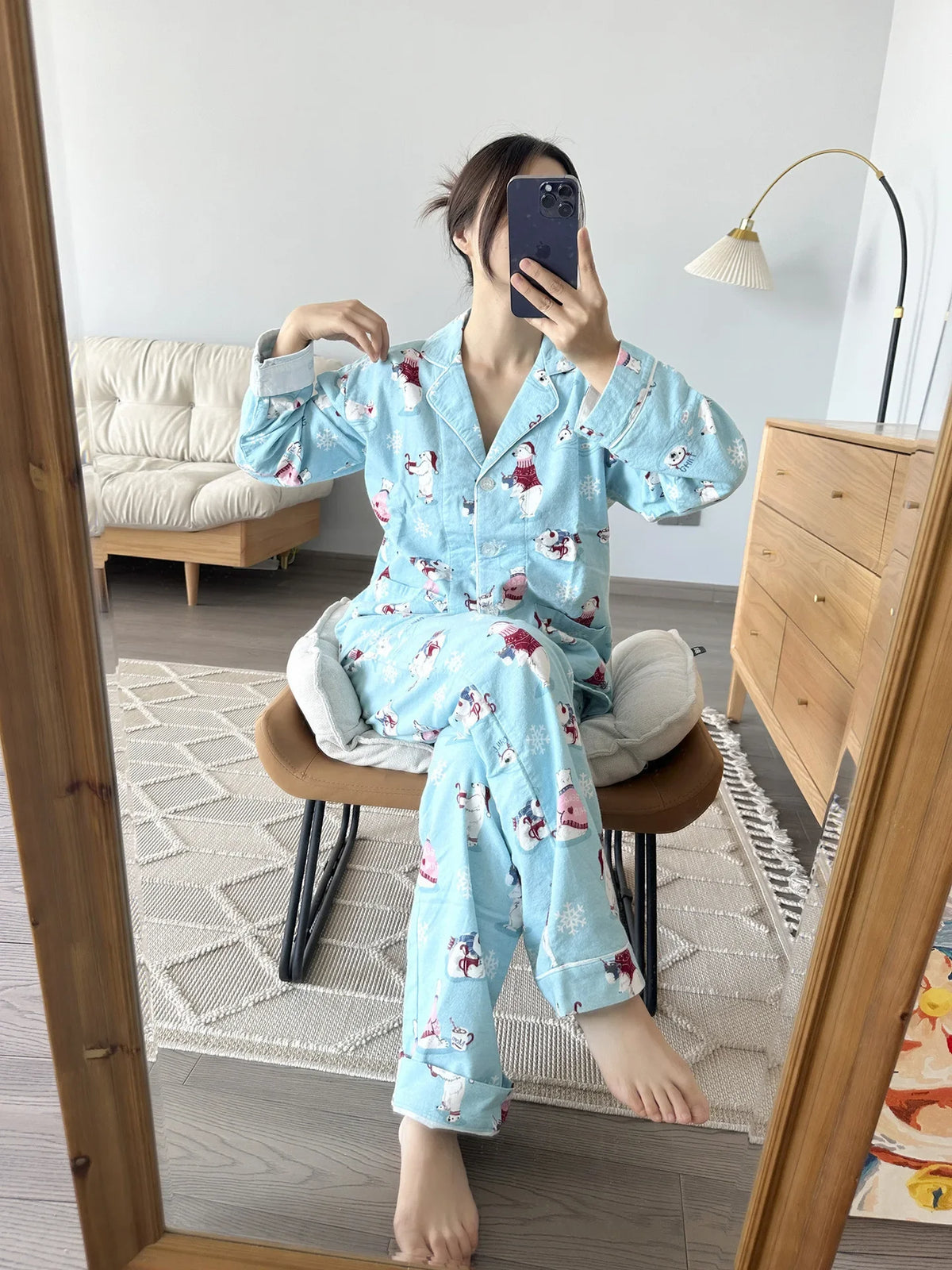 100% Cotton Pajamas for Women Loose Cartoon Long Sleeve Pants Loungewear Women 2 Piece Set Pj Women Outfit Sleepwear Set Pijamas