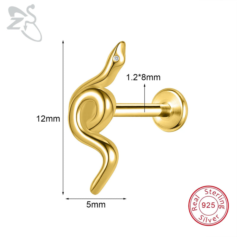 ZS 1PC 925 Sterling Silver Lip Ring Gold Color Labret Lip Stud Snake Cross Star Lip Piercing for Women Men 16G Cartilage Earring