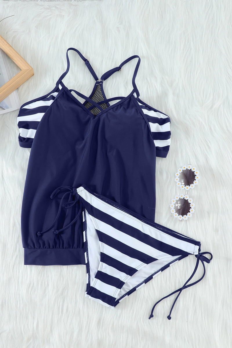 Light Blue Tankini with Stripes Patchwork