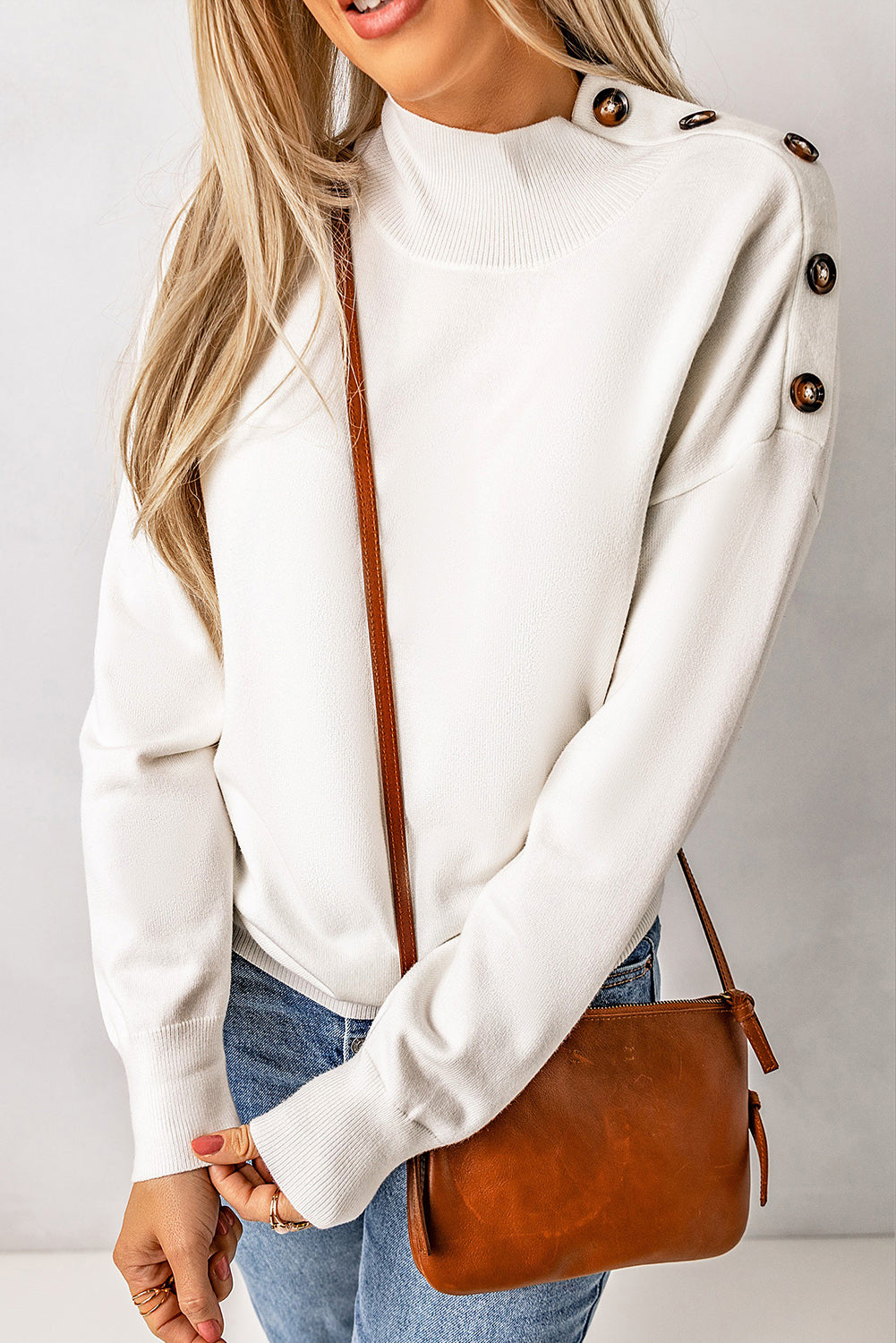 High Neck Button Shoulder Long Sleeve Sweater