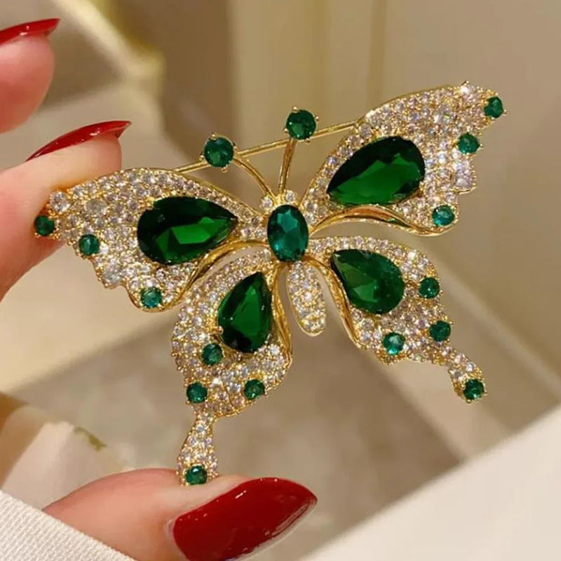 Retro Green Emerald Crystal Butterfly Brooches for Women Girls Elegant Badges Classic Lady Dress Suit Jewelry Accessories Gifts