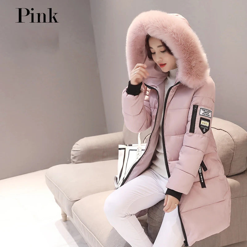 Winter Warm Fur Collar Hooded Women Parka Fashion Comfortable Zipper Pockets Design Long Jacket Elegant Slim Thick Female Coats