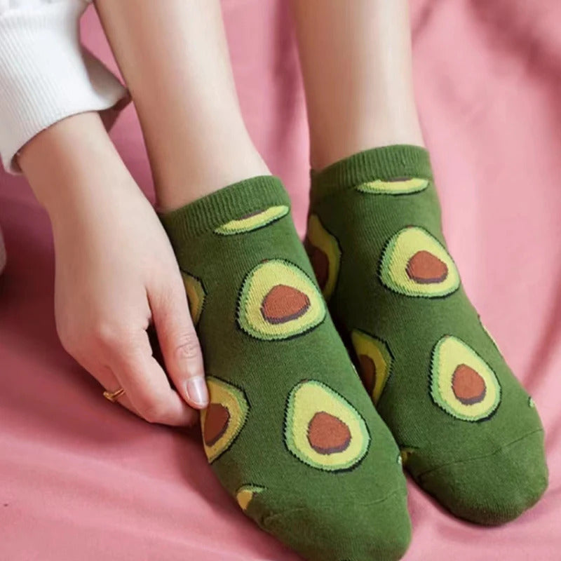 5 Pairs Avocado Crew Ankle Socks Cartoon Fresh Fashion Breathable Summer And Autumn Kawaii Comforts Women's Low Cut Boat Socks