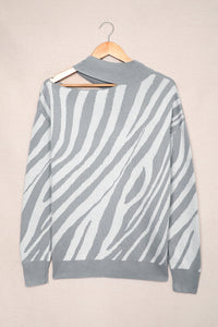 Gray Zebra Print Mock Neck Cold Shoulder Sweater