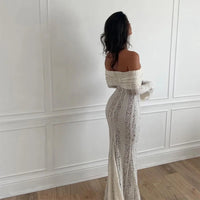 White Off Shoulder See-through Lace Up Maxi Dress Women Flared Long Sleeves Chest Wrapped Dresses Summer Elegant Seaside Gowns