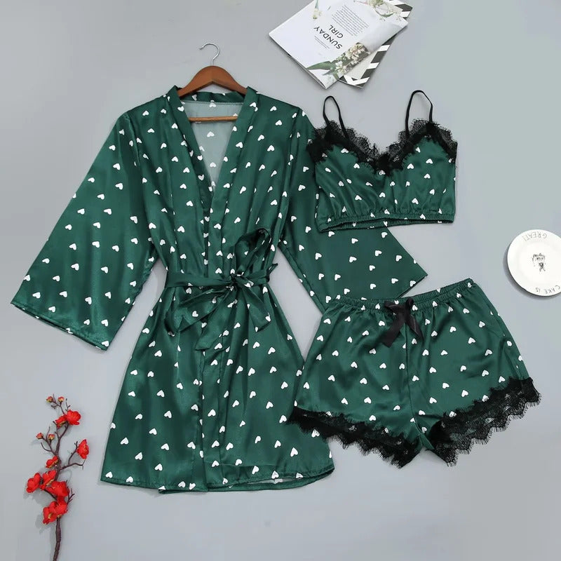 3Pcs/2Pcs Women Satin Ice Silk Pajama Set Heart Print Lace Sleeping Skirt Seamless Lingerie Homewear Pajama Shorts Set Sleepwear