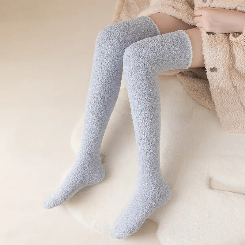 Winter Warm Coral Fleece Over-knee High Socks for Women Plush Home Sleep Floor Long Socking Jk Solid Soft Thigh High Fun Sock