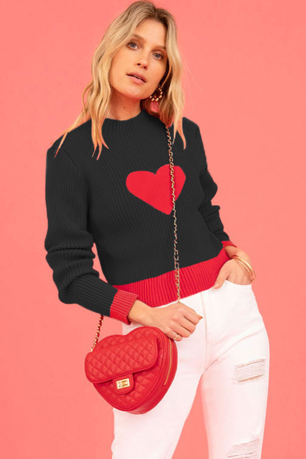 Fiery Red Mock Neck Colorblock Valentine Heart Ribbed Sweater