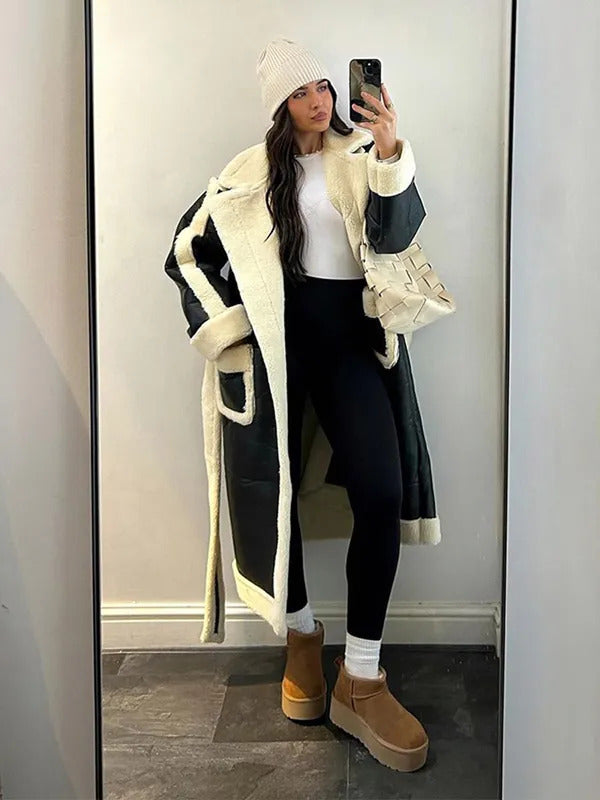 Chic Woman Contrast Lamb Woolen Warm Coat Versatile Loose Lapel Full Sleeve Pockets Long Jacket 2024 New Autumn Street Outerwear