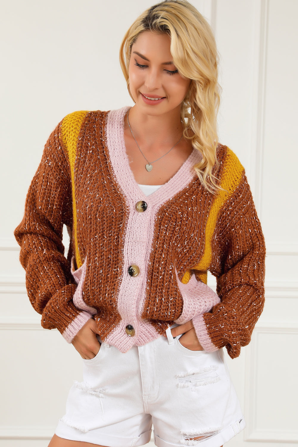 Brown Dual Pockets Colorblock Sweater Cardigan