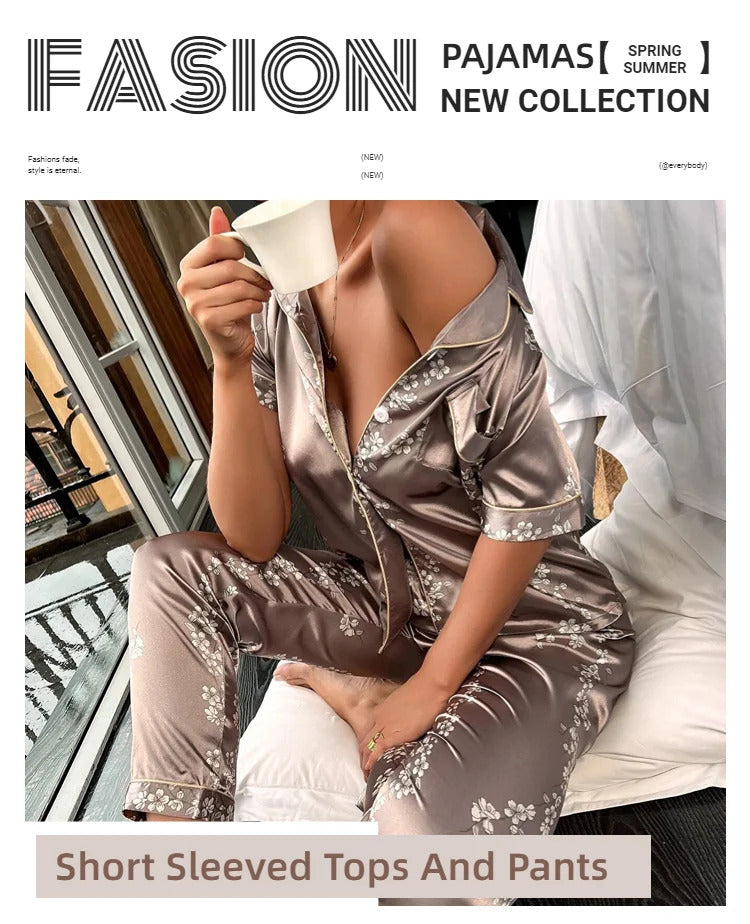 Pajamas Set Long Sleeve Sleepwear Women Button Down Nightwear Pj Sets Print Shirt with Trouser Loungewear Female Pyjamas Suits