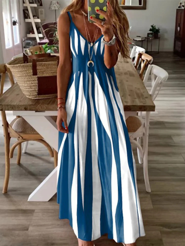 Sexy Sleeveless Dress Women Black White Stripe Printed Long Dresses Summer Casual Vacation Party Dress Robe