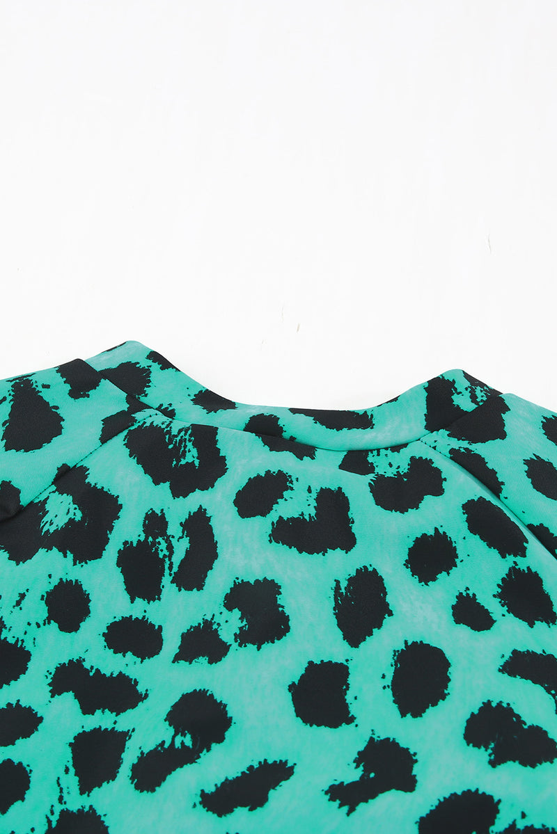 Green Leopard Print Zipper Cut-out Rash Guard Swimsuit