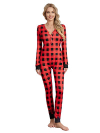 Back Buttoned Flap Pajamas Jumpsuit for Women Christmas Sleepwear Fall Winter Printed Long Sleeve Rompers Loungwear Outfit