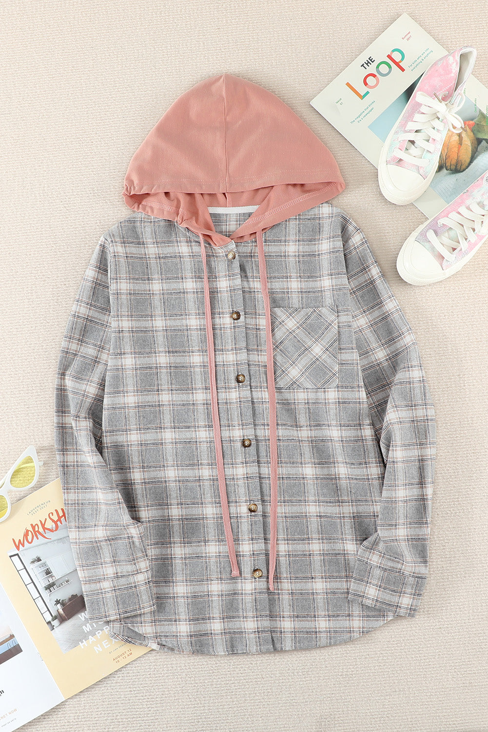 Khaki Drawstring Plaid Hooded Shacket