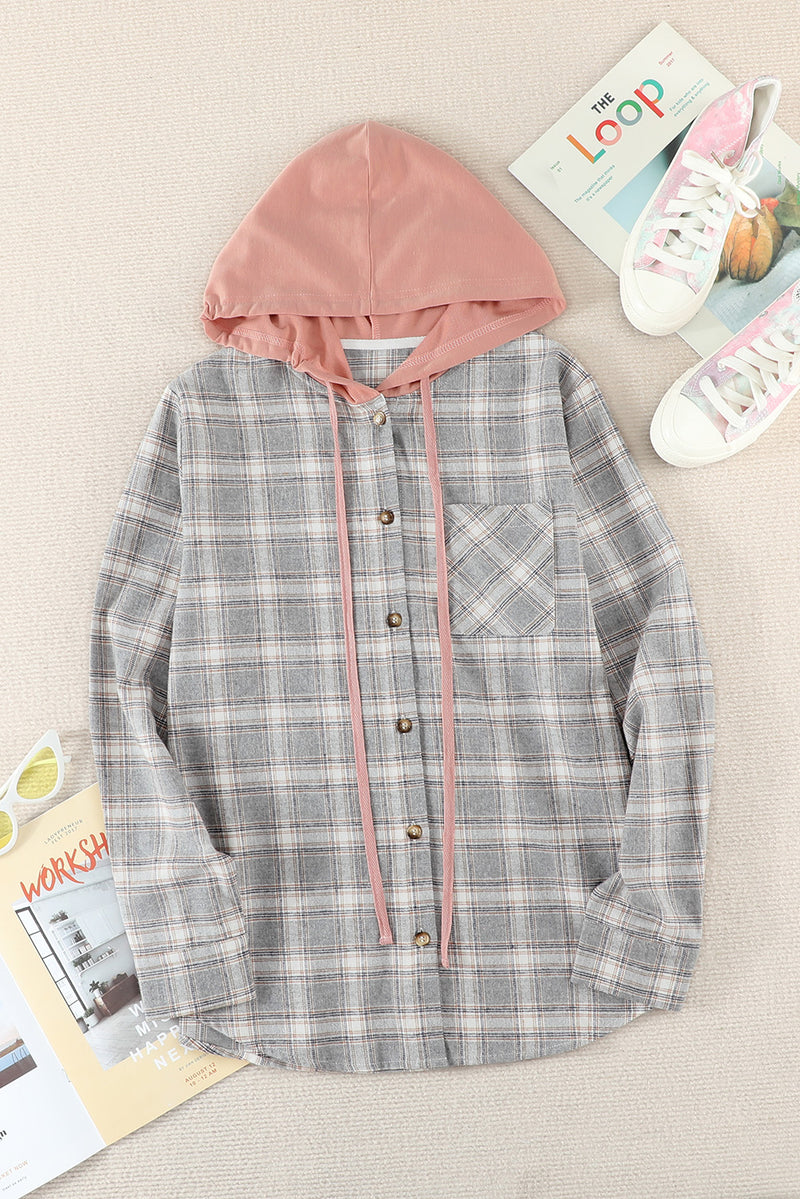 Khaki Drawstring Plaid Hooded Shacket