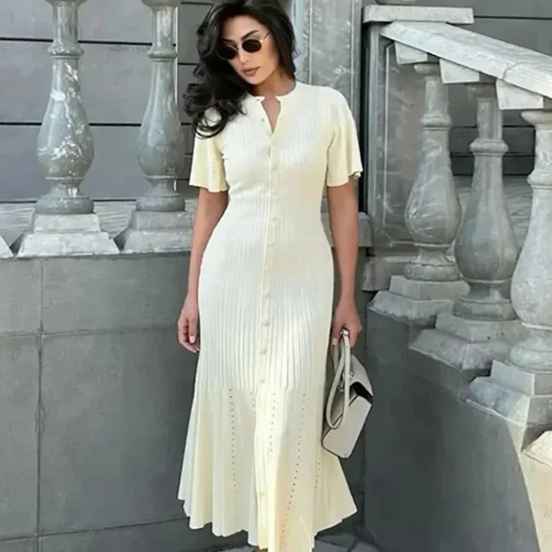 Elegant Knitted Ribbed Long Dress Women Slim Wave O-neck Short Sleeve Hip Package Dresses Female 2024 Summer Lady  Robe