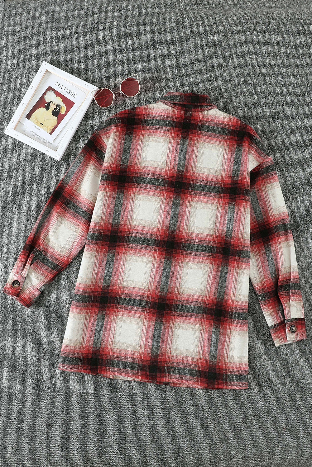 Fiery Red Turn down Neck Plaid Pocket Button Closure Coat