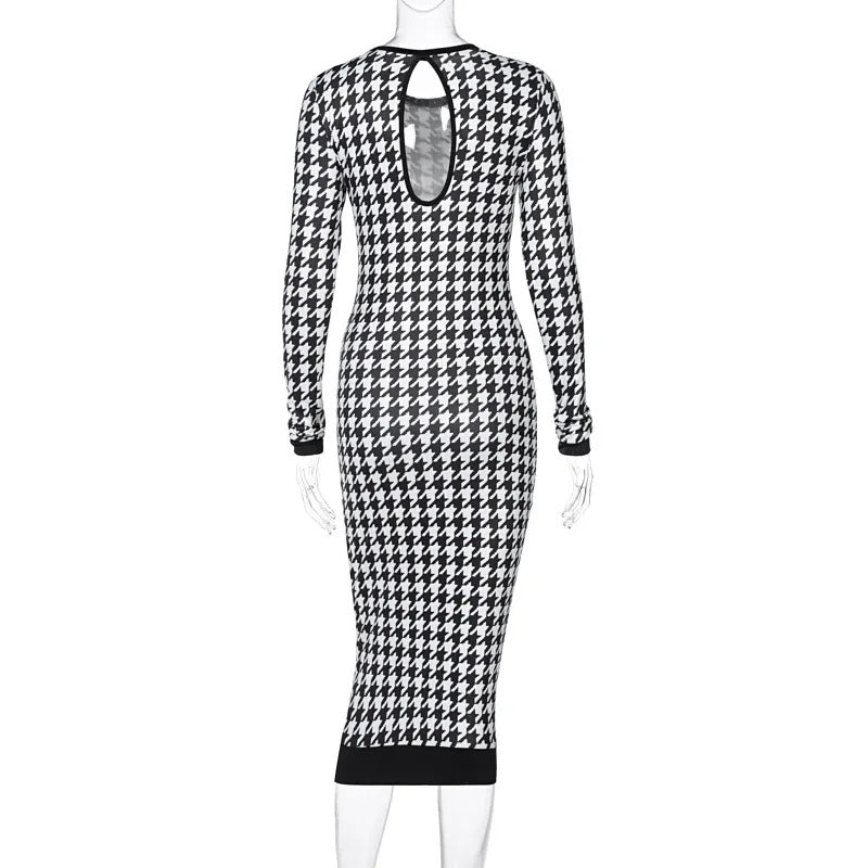 Houndstooth Print Women Long Sleeve Midi Dress Hollow Out Bodycon Sexy Streetwear 2022 Autumn Winter Club Elegant Slim