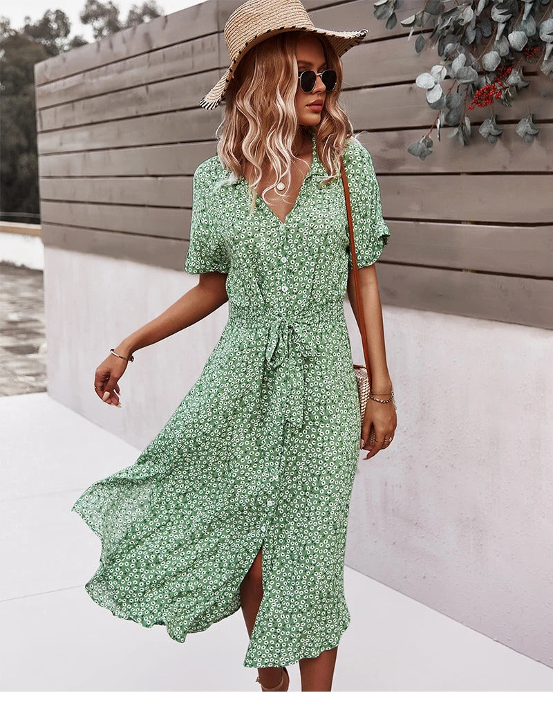 Summer Women Floral Print Dress Casual Short Sleeve Button Holiday Midi Dresses Female V-Neck Beach Boho Chic Dress Elegant Robe