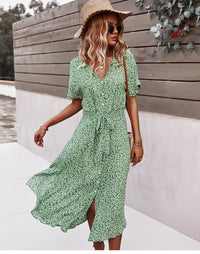 Summer Women Floral Print Dress Casual Short Sleeve Button Holiday Midi Dresses Female V-Neck Beach Boho Chic Dress Elegant Robe