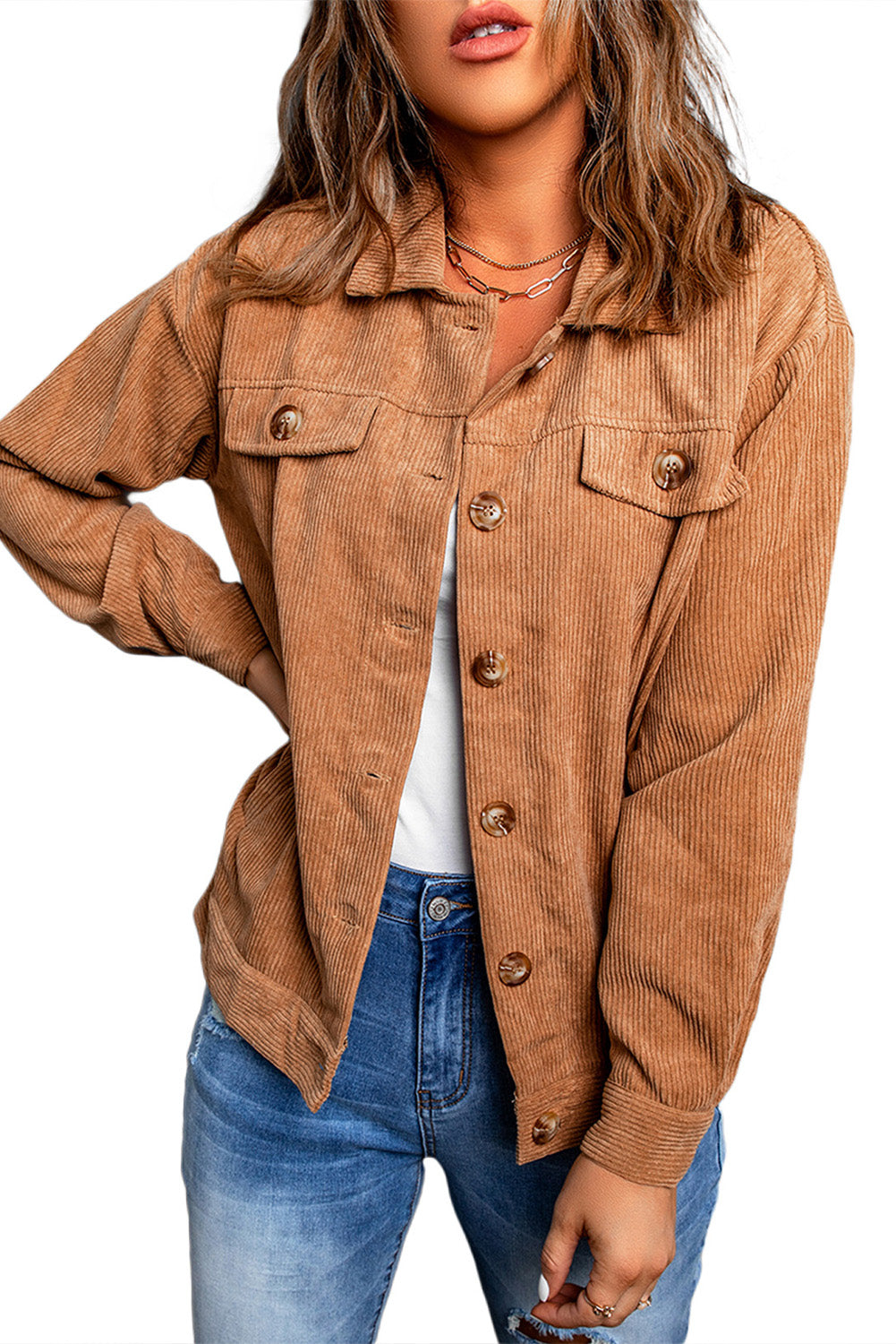 Khaki Ribbed Corduroy Long Sleeve Jacket with Pocket