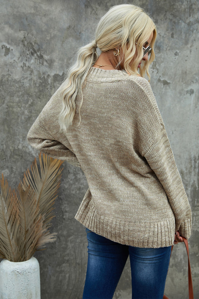 Khaki V neck Drop Shoulder Knitted Sweater