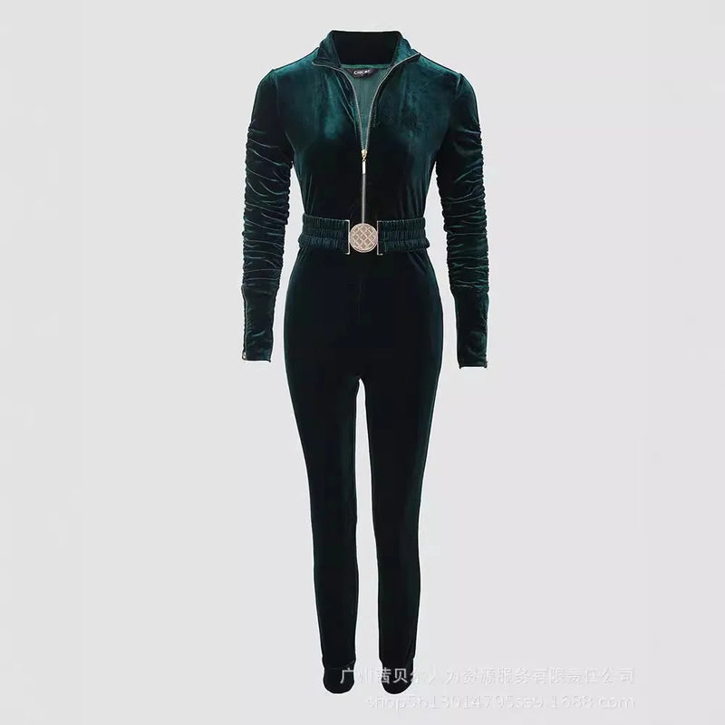 Mandylandy Sexy Bodycon Jumpsuits Women Velvet Zipper Design Sheath Jumpsuits Ruched Long Sleeve Jumpsuit with Elastic Waistbelt