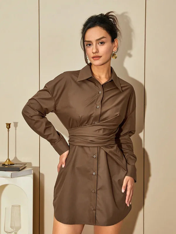 AEL Lady 2024 fall mid-skirt women's commuter long-sleeved lapel design sense of cross drop pleated waist shirtdress