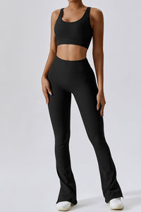 Black Ribbed U Neck Cropped Tank and Split Leggings Set