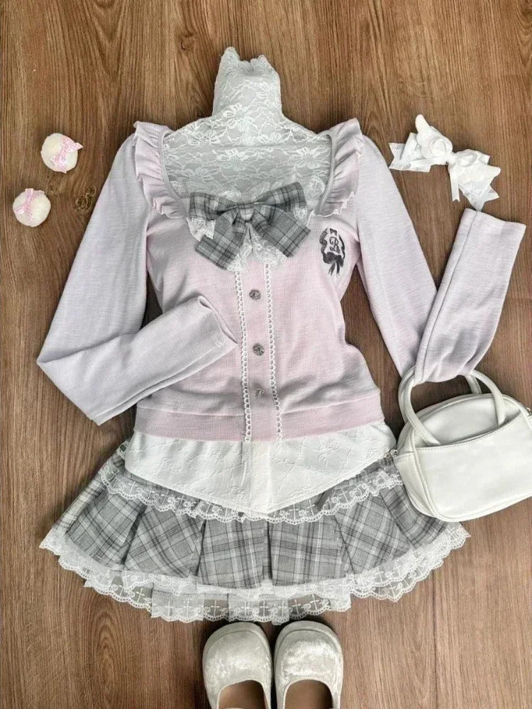 Japanese Sweet Preppy Style Skirt Set Women Kawaii Lace Patchwork Bow Tops + Y2k Plaid Mini Skirt Elegant Outifits 2 Piece Set