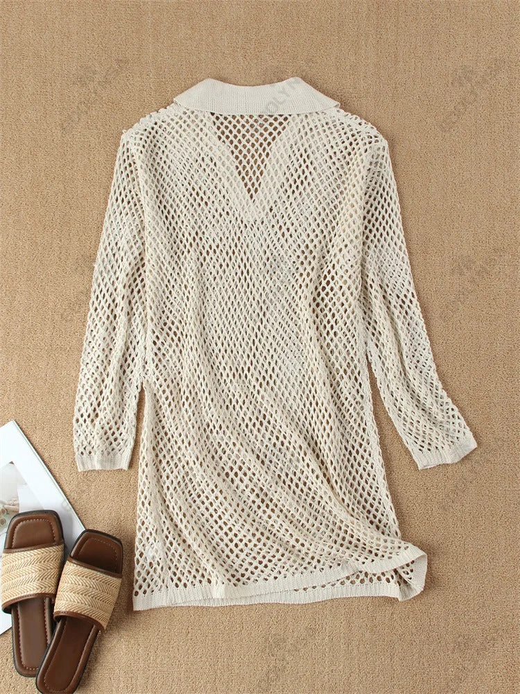 Solid Colour Beach Knit Mini Dress Women's Summer Sexy Hollow Out Long Sleeve Swimsuit Cover Up Boho Holiday Loose Beachwear K17