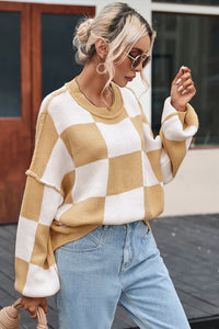 Orange Checkered Bishop Sleeve Sweater