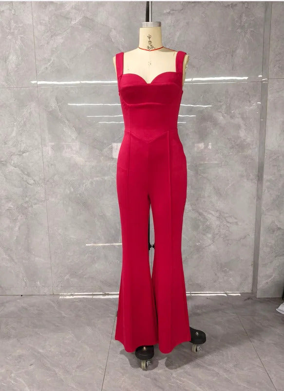 Sexy Summer Women's Red Camisole Jumpsuit Square Neck Backless LaceUp Straight Leg Jumpsuit Elegant Women Commuting Daily Outfit