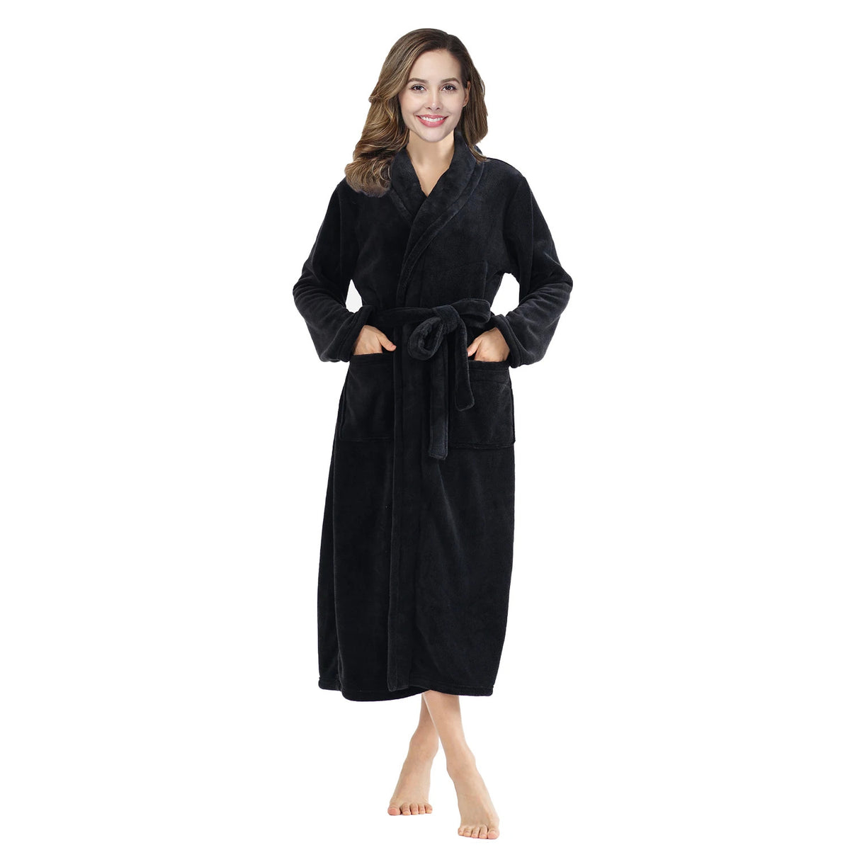 RONGTAI Women's solid color lapel bathrobe autumn and winter models facecloth warm and comfortable long-sleeved robe homewear