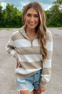 Stripe Zipped Collar Ribbed Edge Sweater