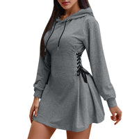 Women Tie Waist Mini Dress Hoodies V Neck Long Sleeves Slim Fit Hoodies Sweatshirts Ladies Fashion Long Solid Drawstring Hoodies