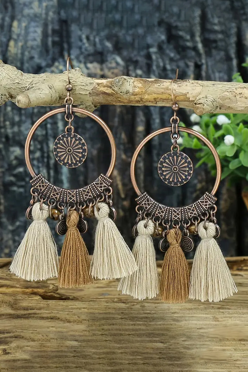 Beige Boho Round Tasseled Dangle Earrings