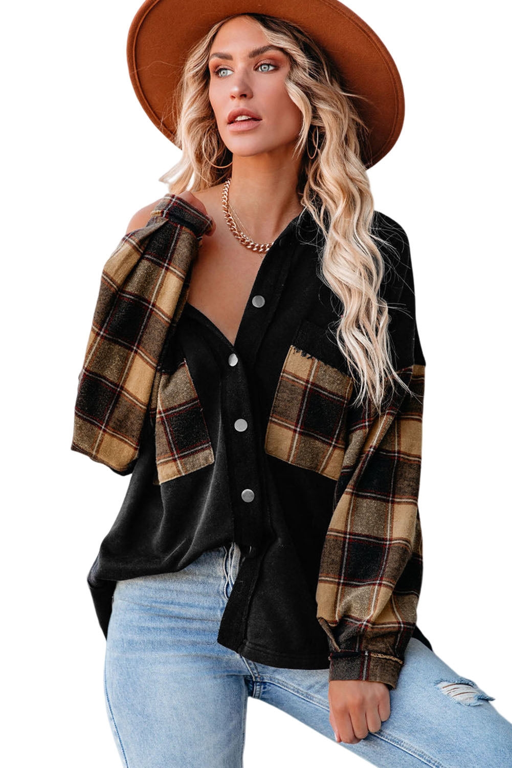 Black Plaid Patchwork Chest Pockets Oversized Shirt Jacket