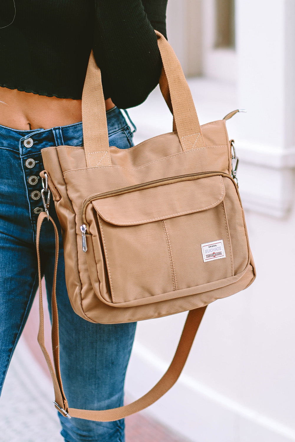 Light French Beige Multi Pockets Zipped Large Canvas Shoulder Bag