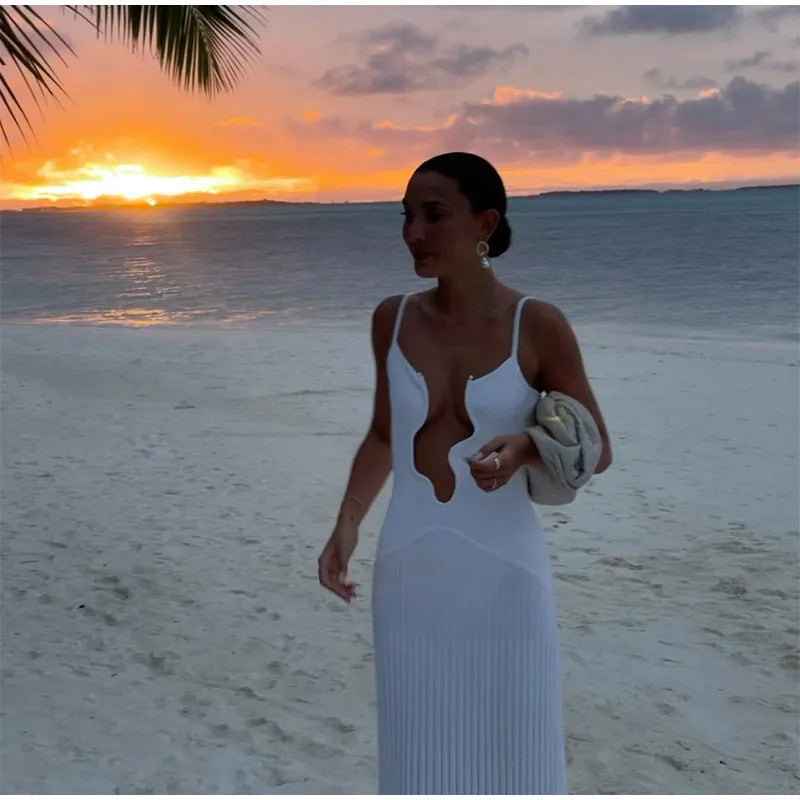 Elegant Cut Out White Long Dress For Women Fashion Patchwork Pleated Backless Sling Dresses Lady summer New Holiday Beach Robes