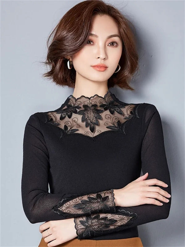 Hollow Out Women Spring Autumn Style Lace Blouses Shirts Casual Long Sleeve Patchwork Spliced Turtleneck Blusas Tops DF1491