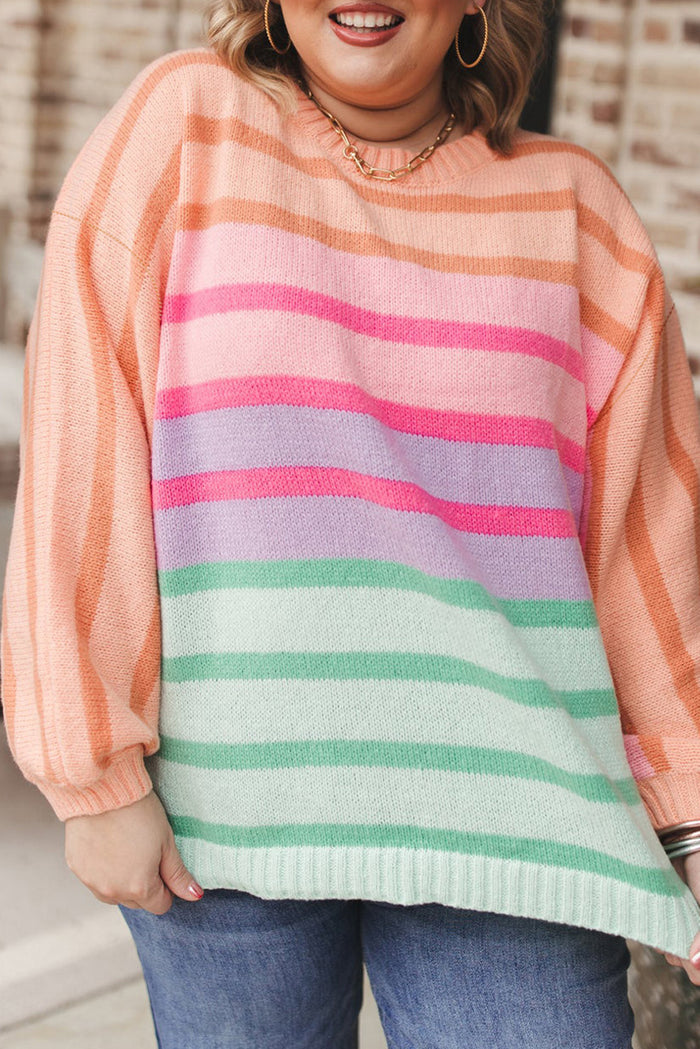 Pink Stripe Color Block Balloon Sleeve Crewneck Plus Size Sweater