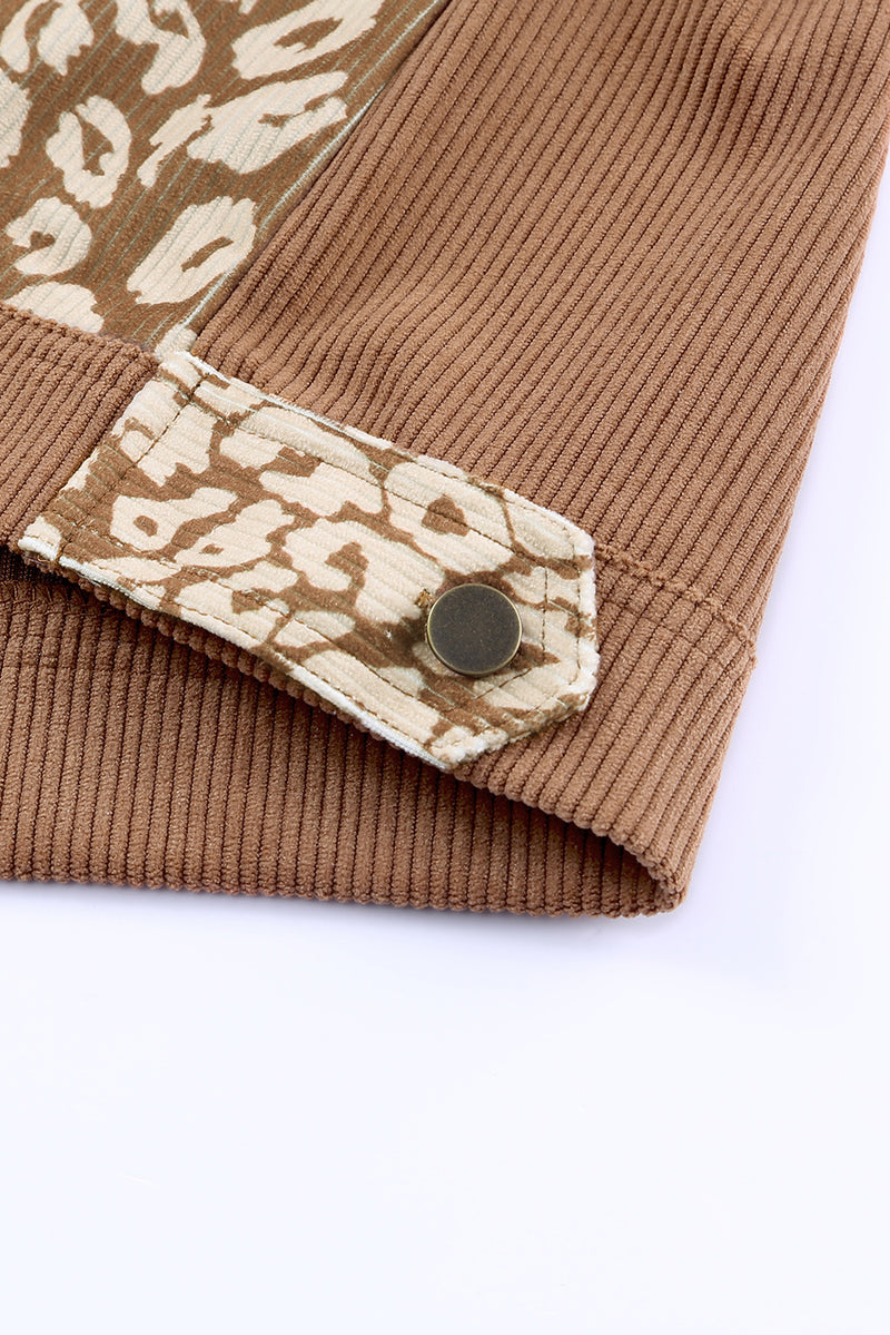 Brown Leopard Print Corduroy Long Sleeve Jacket