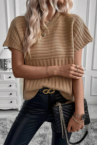 Light French Beige Rib Knitted Wide Sleeve Sweater T Shirt