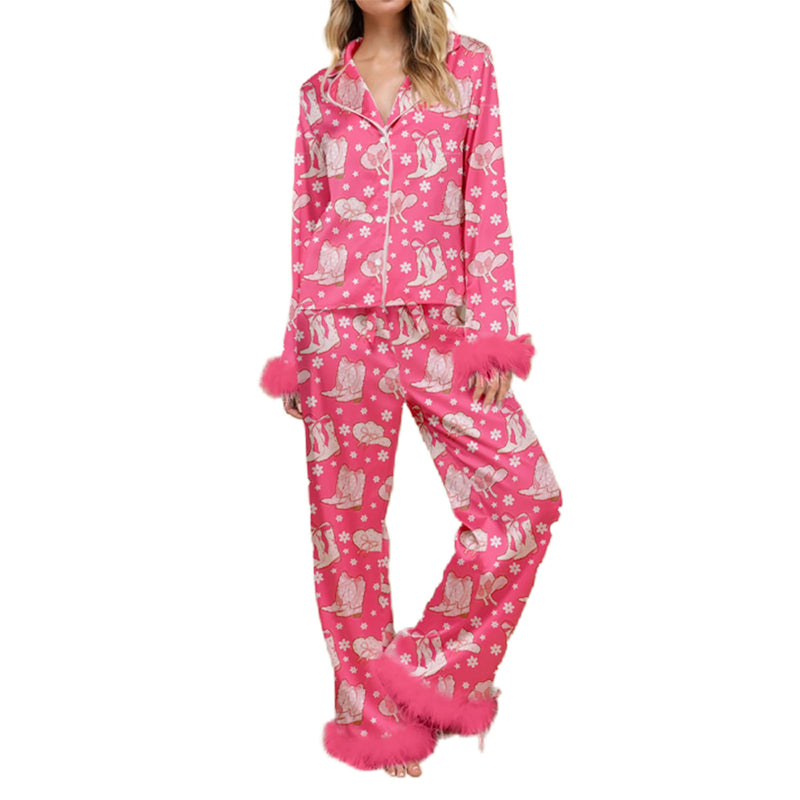 Women Christmas Pajamas Lounge Set Santa/Christmas Tree/Boots Print Shirts Tops and Pants Satin Loose 2 Piece Loungewear Outfits